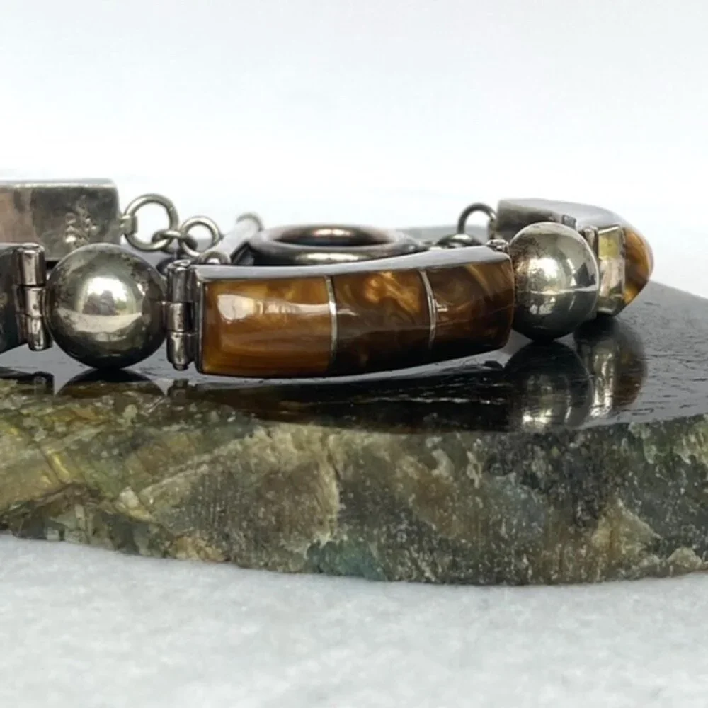 VTG Sterling Silver 925 Heavy Signed Southwest Tigers Eye Inlay Panel Bracelet - Picture 7 of 16